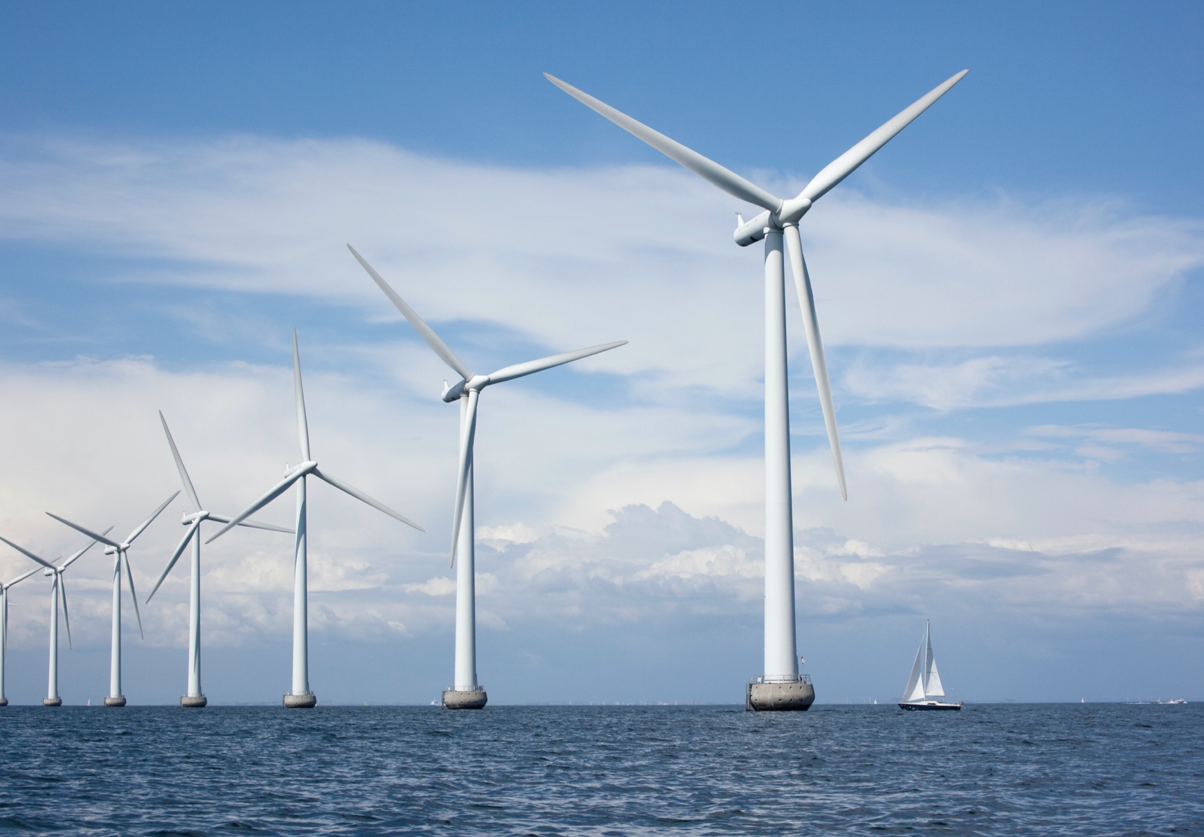 An array of windmills on the ocean